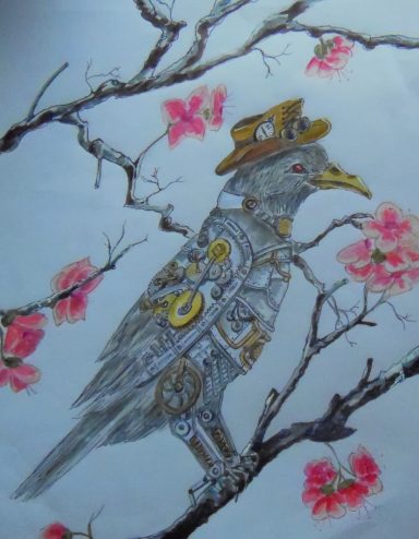 steampunk, bird, mechanical bird, Bird, Victorian Art, Crow, original Art