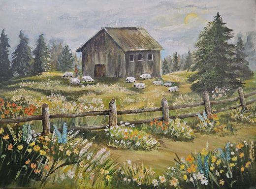 sheep, barn, country life, rural, farm, animals, livestock, landscape, floral, green, brown, blues and yellow.
