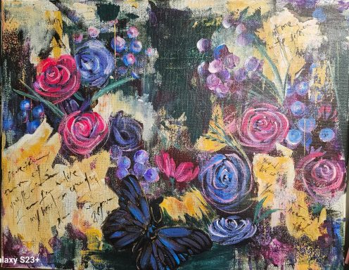 a richly layered artwork blending expressive florals, berries, and a striking butterfly. 