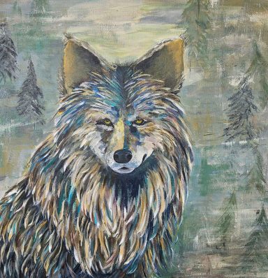 This striking wolf artwork blends cool and warm tones in a captivating display of color.
