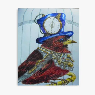 Steampunk Bird - clockwork bird in a cage. steampunk, bird, clocks, bright colours, cage, hats, metal art, painting of birds, funny birds, u