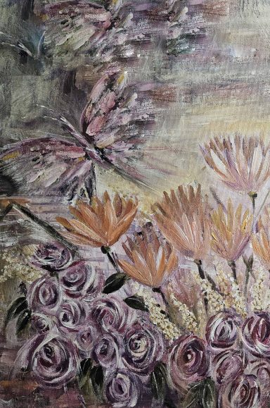Butterfly, dark flowers, abstract art, original art, purple, orange