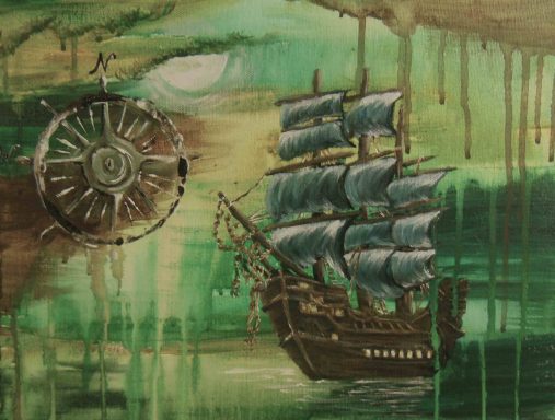 pirate ship, sailing, abstract ship, sea, water, compass, lost at sea, historical ships, original art, illustration