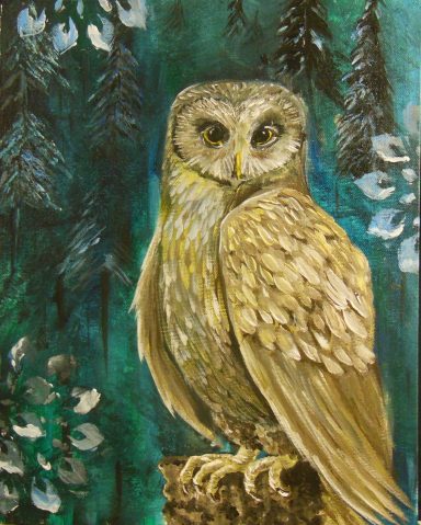 Barn Owl, bird art, wild animal art, abstract art, blue, gold, feathers