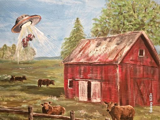 Tractor Acquired, farm life, aliens, space ship, science fiction, cows, barns, rural scene