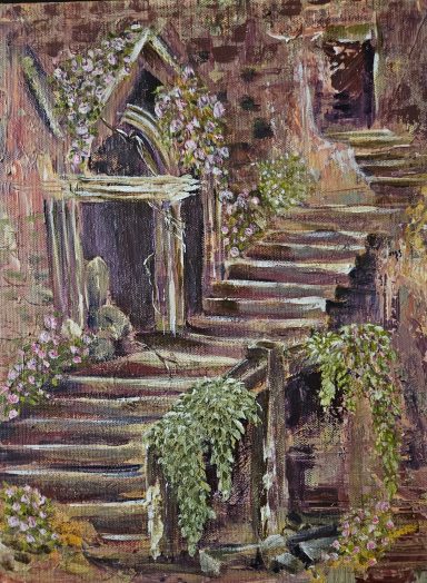 Romantic Castle Stairs - Hues of red, pink, purple, grey, cream and brown. Stairway leading to archways, blooms cascading over egdes. 