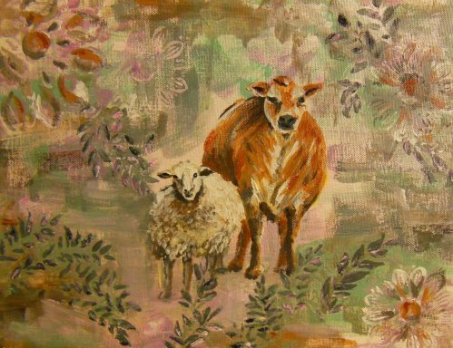 Cow and Sheep - Quiet companions, paintin of cows, farming paintings, cows on canvas, cute paintings of cows, artist who paints cows