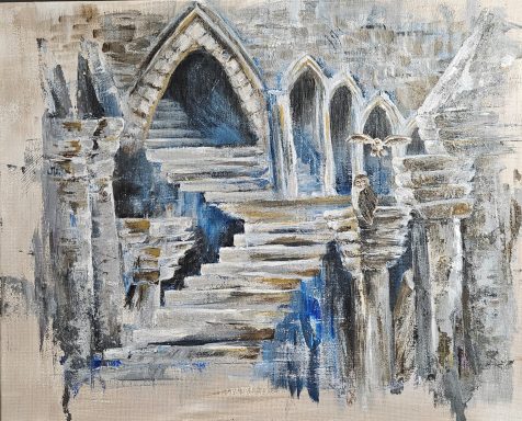 Blue Castle, owl, pair of owls, fantasy art, abstract art, art for sale