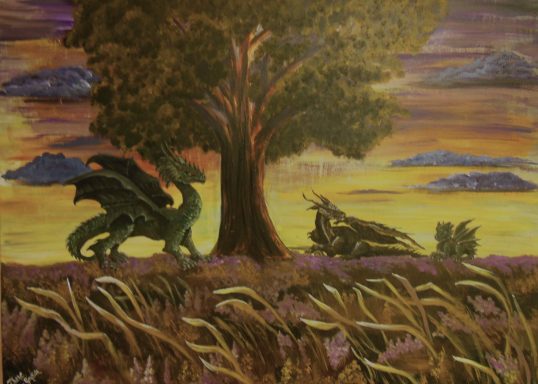 Dragon Family at Dusk, dragon illustrations, one-of-a-kind wall art, dragon art, 